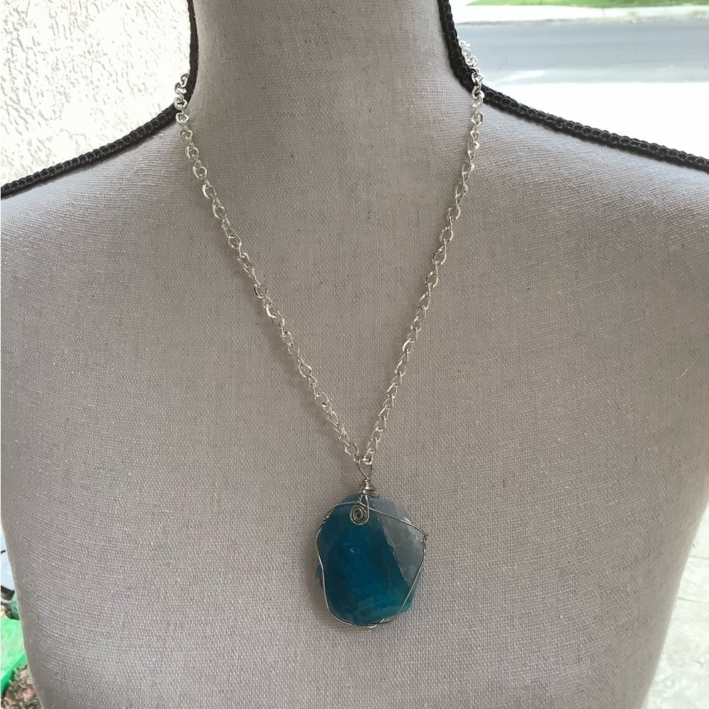 Wire wrap silver Chain Necklace with Blue Pendant